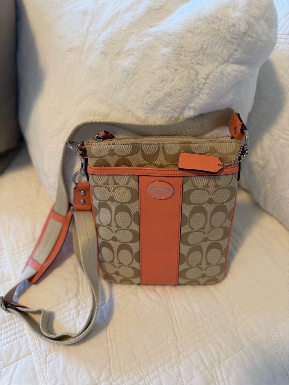 Coach Heritage Stripe Signature Canvas Swingpack in Khaki/Coral 7.5x8.5